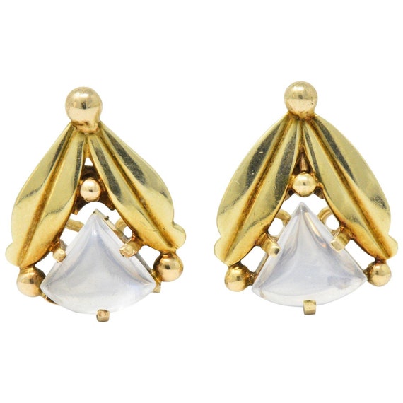 Art Nouveau Moonstone 14 Karat Gold Foliate Ear-Cl