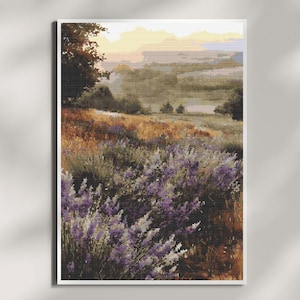 Lavender Sunset Cross Stitch Pattern – PDF Embroidery Landscape Design