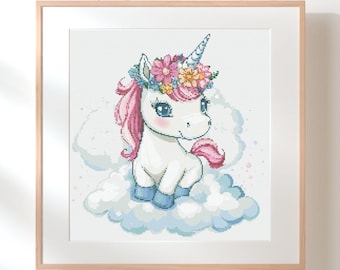 Unicorn with Flower Crown Cross Stitch Chart: Modern Embroidery (PDF Pattern)
