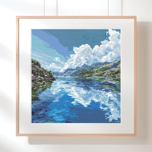 Mountain Lake Cross Stitch Pattern: Sunny Landscape Needlework (PDF Download)