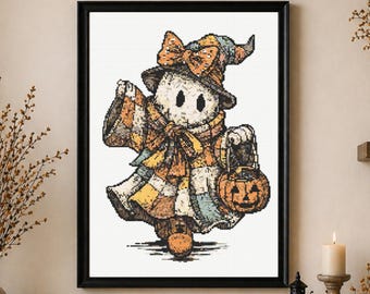 Cute Ghost Cross Stitch Pattern PDF, Halloween Witch Ghost Embroidery, Spooky Season Decor, Digital Cross Stitch