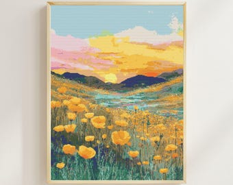 Golden Meadow Sunset Cross Stitch Pattern, Modern Landscape Wall Art