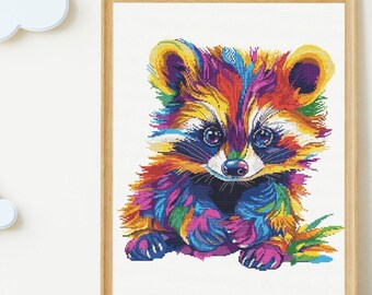 Rainbow Raccoon Cross Stitch Chart: Modern Embroidery (PDF Pattern)