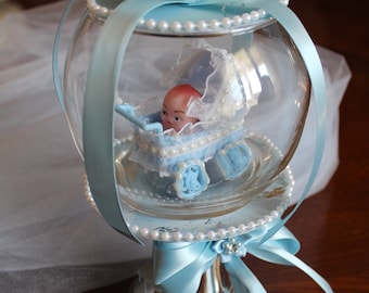 Blue Baby Shower Centerpiece, Glass Sphere, Silver Stand
