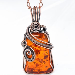 Amber Copper Wire Wrapped Pendant | Handmade Amber Gemstone Jewelry | Unique Shape Copper Pendant | Gift for Wife | Amber Jewelry for Her