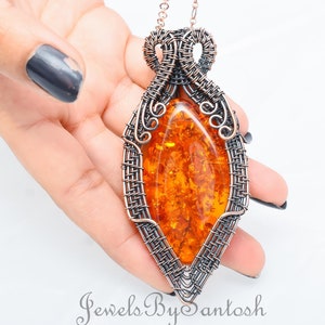 Amber Pendant | Copper Wire Wrapped Amber Gemstone Jewelry | Handmade Amber Pendant | Unique Copper Jewelry Gift For Wife | Gifts For Her