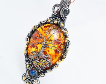 Tree of Life Amber Pendant Copper Wire Wrapped Necklace | Handmade Amber Gemstone Jewelry | Labradorite Copper Pendant | Gift for Her