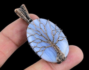 Handmade Tree Of Life Blue Lace Agate Copper Pendant