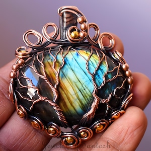 Double Tree of Life Labradorite Pendant • Multi Fire Labradorite Copper Wire Wrapped Pendant •  Gemstone Copper Jewelry • Gift for Her