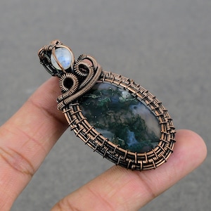 Moss Agate, Moonstone Gemstone Pendant Copper Wire Wrapped Pendant Moss Agate Pendant Copper Pendant Jewelry Gifts For Her Mother Jewelry