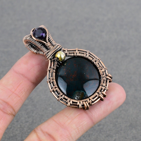 Handmade Copper Wire Wrapped Bloodstone Pendant Necklace With