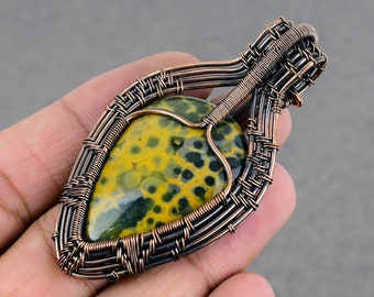 Green Ocean Jasper Pendant: Handcrafted Copper Wire Wrapped Jewelry