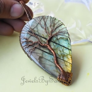 Tree of Life Fire Labradorite Pendant – Giant Size Gemstone Copper Wire Wrapped Pendant – Handmade Copper Jewelry Gift for Her