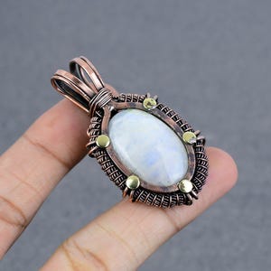 Handmade Rainbow Moonstone Pendant | Copper Wire Wrapped Moonstone Jewelry | Unique Gemstone Gift for Wife