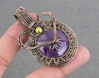 Handmade Copper Wire Wrapped Amethyst Pendant Necklace