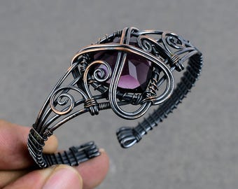 Heart Amethyst Copper Cuff Bracelet: Wire Wrapped Artisan Jewelry