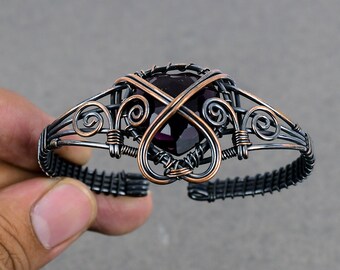 Heart Amethyst Copper Cuff Bracelet: Wire Wrapped Artisan Jewelry
