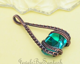Aquamarine Gemstone Copper Pendant: Wire Wrapped Handmade Jewelry