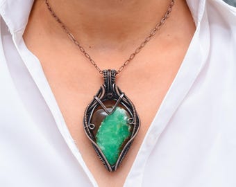 Handmade Copper Wire Wrapped Boulder Chrysoprase Pendant Necklace