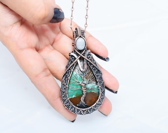 Chrysoprase & Moonstone Pendant: Handmade Copper Wire Wrapped Tree of Life Necklace