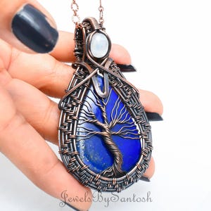 Lapis Lazuli Baum des Lebens Anhänger, Kupfer Draht Wrapped Edelstein Anhänger, Mondstein Anhänger Schmuck, handgemachte Lapis Anhänger Geschenke für Sie