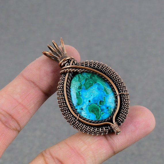 Malachite Chrysocolla Copper Pendant: Wire Wrapped Artisan Jewelry