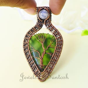 Tree of Life Green Serpentine Pendant – Natural Rainbow Moonstone Gemstone Copper Wire Wrapped Jewelry Gift for Wife