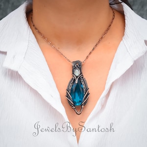 Blue Tourmaline Copper Wire Wrapped Pendant - Moonstone Jewelry