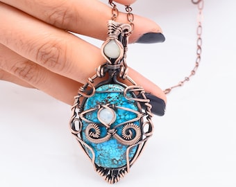 Pingente de pedra da lua turquesa tibetana com fio de cobre envolto em proteção contra mau-olhado, joia feita à mão, pingente de pedra preciosa, presente para ela
