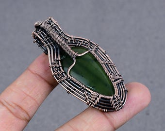 Green Serpentine Copper Pendant: Handmade Wire Wrapped Jewelry