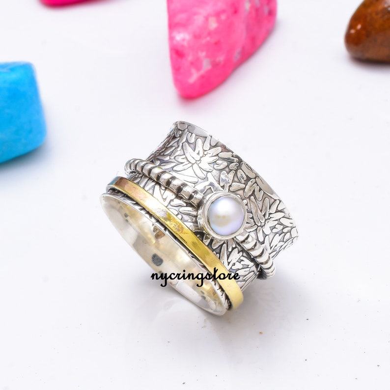 925 Sterling Silver Handmade Ring Worry Ring Spinner Ring Women Ring Gift For Her Pearl Ring Promised Ring Meditation Ring