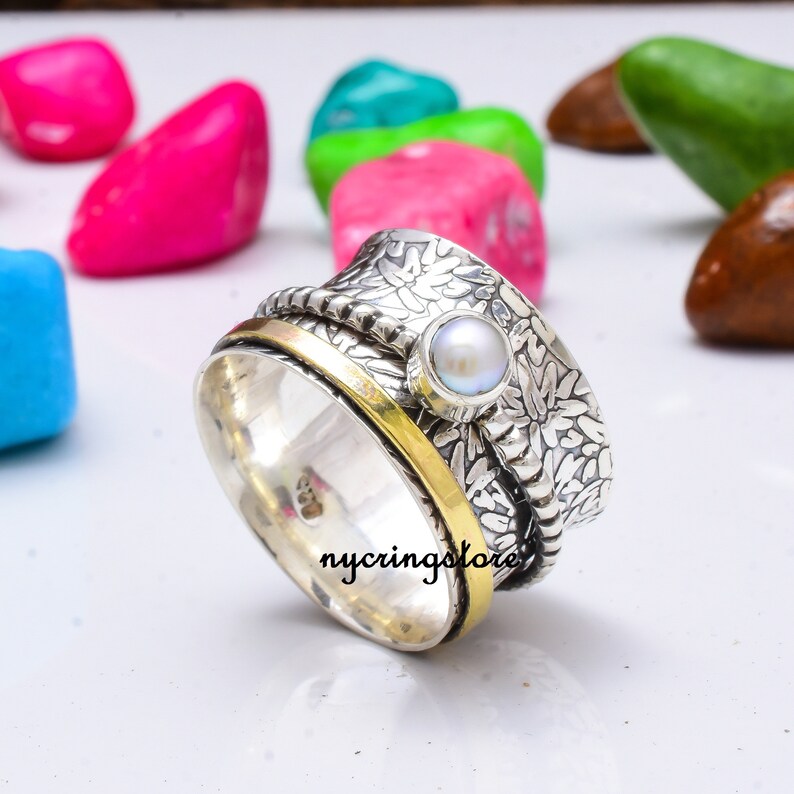 925 Sterling Silver Handmade Ring Worry Ring Spinner Ring Women Ring Gift For Her Pearl Ring Promised Ring Meditation Ring