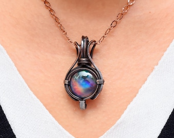 Pendentif aurore boréale opale fil de cuivre enroulé | Pendentif pierre précieuse opale Aurora | Cadeau bijoux en cuivre fait main pour elle