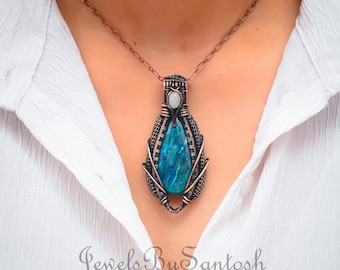 Handmade Copper Wire Wrapped Shattuckite & Moonstone Pendant