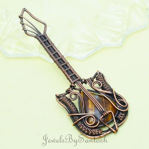 Handmade Copper Wire Wrapped Tiger's Eye Guitar Pendant Necklace