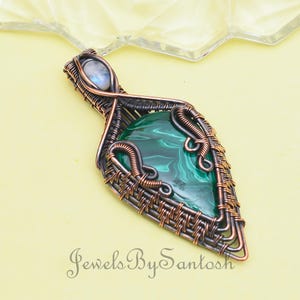 Handmade Copper Wire Wrapped Malachite Pendant: Moonstone Jewelry