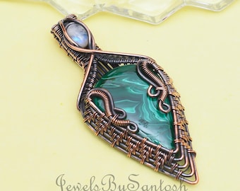 Handmade Copper Wire Wrapped Malachite Pendant: Moonstone Jewelry