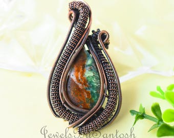 Wire Wrapped Chrysoprase Copper Pendant: Handmade Gemstone Necklace