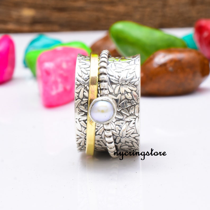 925 Sterling Silver Handmade Ring Worry Ring Spinner Ring Women Ring Gift For Her Pearl Ring Promised Ring Meditation Ring