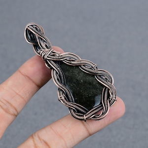 Golden Obsidian Pendant: Oxidized Copper Wire Wrapped Gemstone