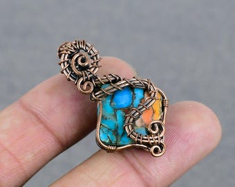 Handmade Copper Wire Wrapped Oyster Turquoise Pendant