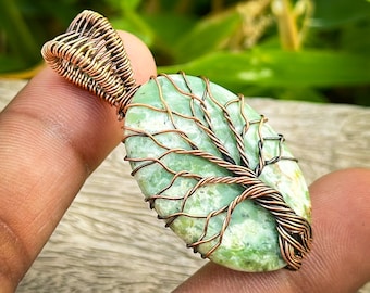 Handmade Tree of Life Chrysoprase Pendant, Copper Wire Wrapped Necklace
