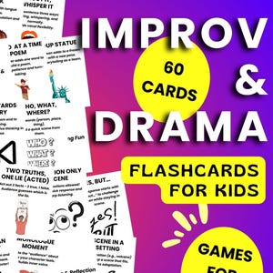 Może przedstawiać: Kolorowy plakat dla "Improv & Drama Flashcards for Kids" z 60 kartami. Projekt zawiera fioletowo-niebieskie gradientowe tło z żółtymi akcentami i różnymi ilustracjami związanymi z grami teatralnymi.