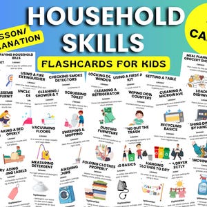 Household Skills Flashcards, Cleaning Schedule, Organization Tools, Life Skills Learning Cards, Printable PDF