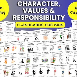 Könnte beinhalten: Ein Set von 60 Lernkarten für Kinder mit dem Titel "Charakter, Werte & Verantwortung". Die Karten zeigen farbenfrohe Illustrationen und Texte zu Themen wie Ehrlichkeit und Freundlichkeit. Der Titel steht in großen weißen Buchstaben auf blauem Hintergrund.