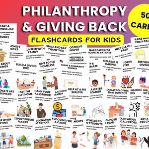 以下が含まれることがあります： 子供向けのフラッシュカードで、慈善活動と社会貢献をテーマにしています。カードには、木を植える、隣人を助ける、服を寄付するなどのアイデアがイラストとテキストで示されています。「Philanthropy & Giving Back」というタイトルが上部にあります。