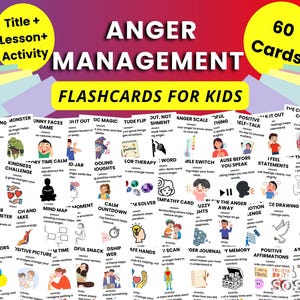 May include: A set of 60 flashcards for kids, titled "Anger Management." The cards feature colorful illustrations and text, with titles like "Cool Colors," "Kindness Challenge," and "Positive Affirmations."