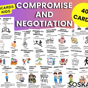 Compromis et habiletés de négociation, cartes mnémotechniques pour enfants, cartes sociales à épingler sur les habiletés d'adaptation