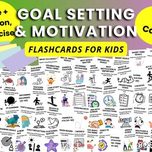 May include: A set of 60 flashcards for kids, featuring goal-setting and motivation topics. The cards are arranged on a white surface, with colorful accents and text like "Flashcards for Kids" and "Goal Setting & Motivation".