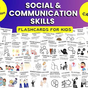 Kaarten sociale vaardigheden en communicatie voor kinderen, flashcards leren empathie en gedrag, afdrukbare educatieve kaarten